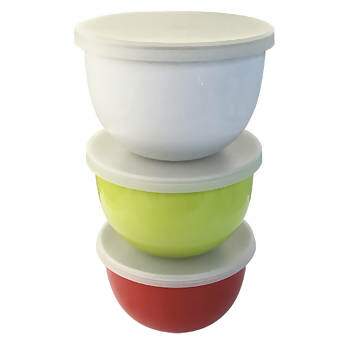 Jogo de 3 bowls em aco inox com tampa D8xA5cm colorido