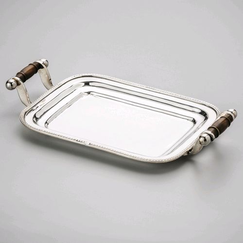 Bandeja Prateada  Alça em Madeira 20x15cm -Wolf