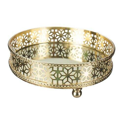 Bandeja Redonda Espelhada Metal Dourado/Vidro 20x20x6.5Cm Flower