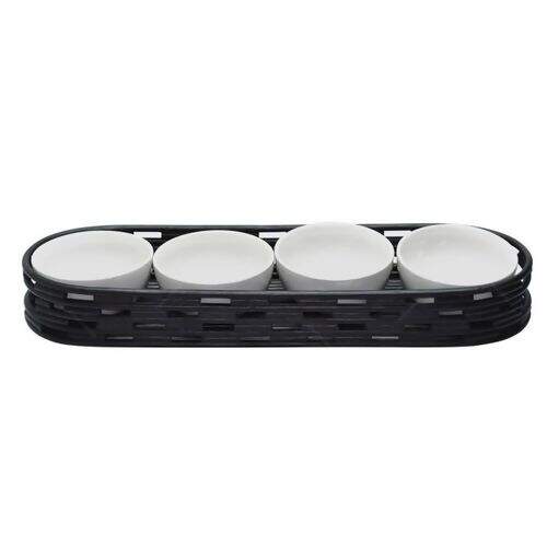 Jogo 4 Petisqueiras Porcelana e Bandeja Rattan