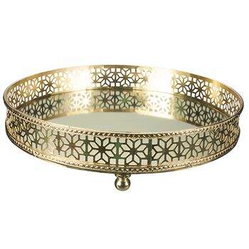Bandeja Redonda Espelhada Metal Dourado/Vidro 30x30x6.5Cm Flower